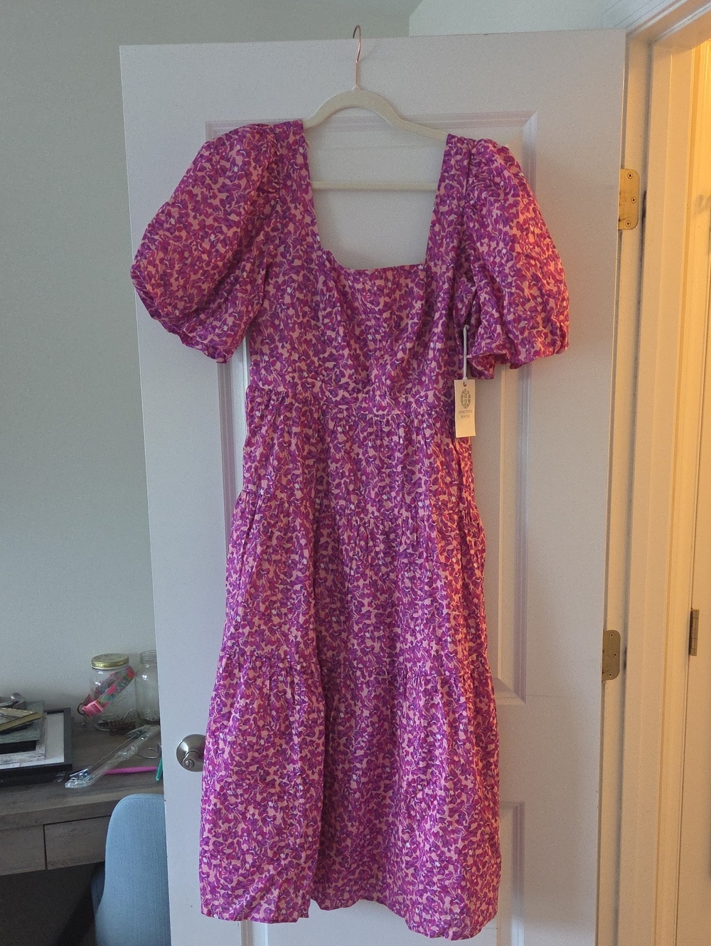 Floral Puff-Sleeve Midi Dress in Pink